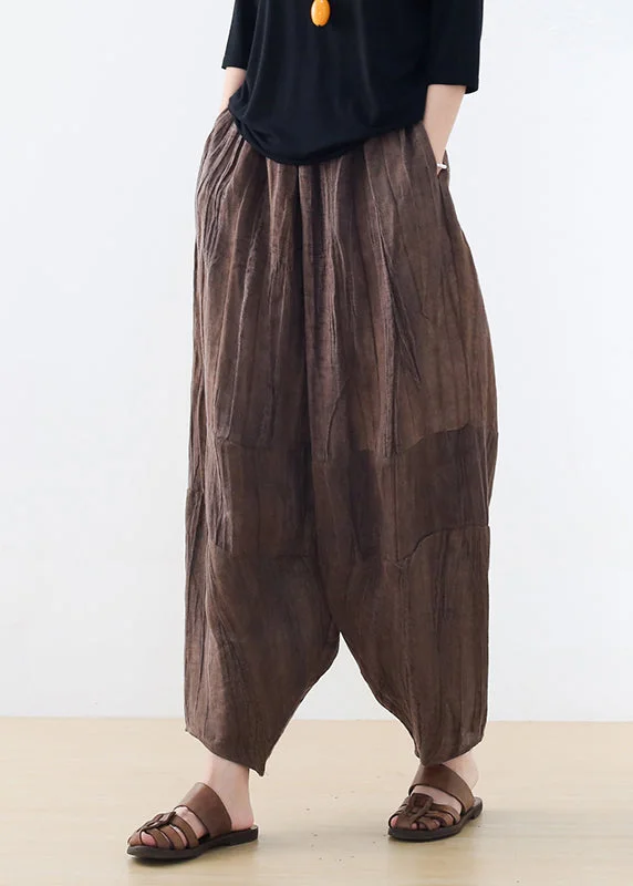 Original Design Coffee Elastic Waist Linen Harem Pants Summer