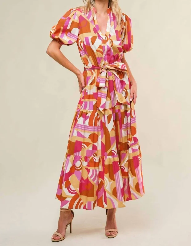 Clementine Printed Poplin Puff Sleeve Maxi Dress In Camel/pink