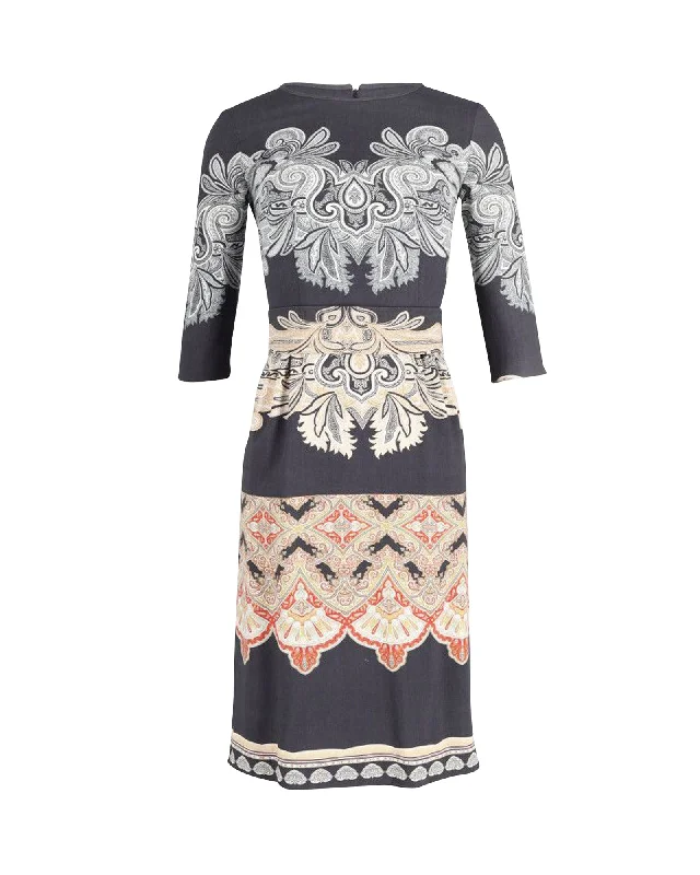 Etro Belted Printed Midi Dress in Black Print Wool