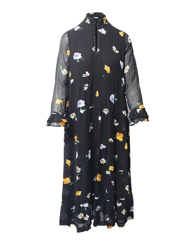 Ganni The Kate Tiered Midi Dress in Black Print Viscose