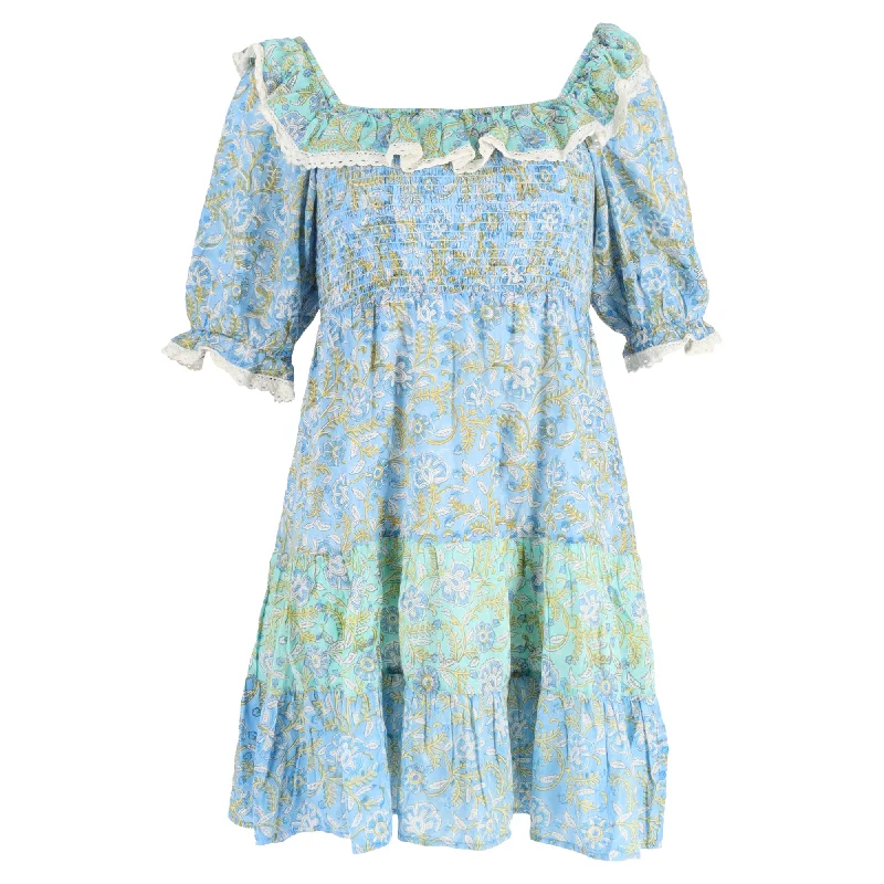 Rixo Harlow Floral Tiered Mini Dress in Light Blue Cotton