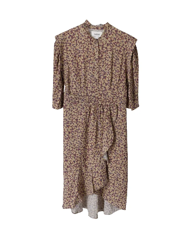 Ba&Sh Ruffled Midi Dress in Beige Print Viscose