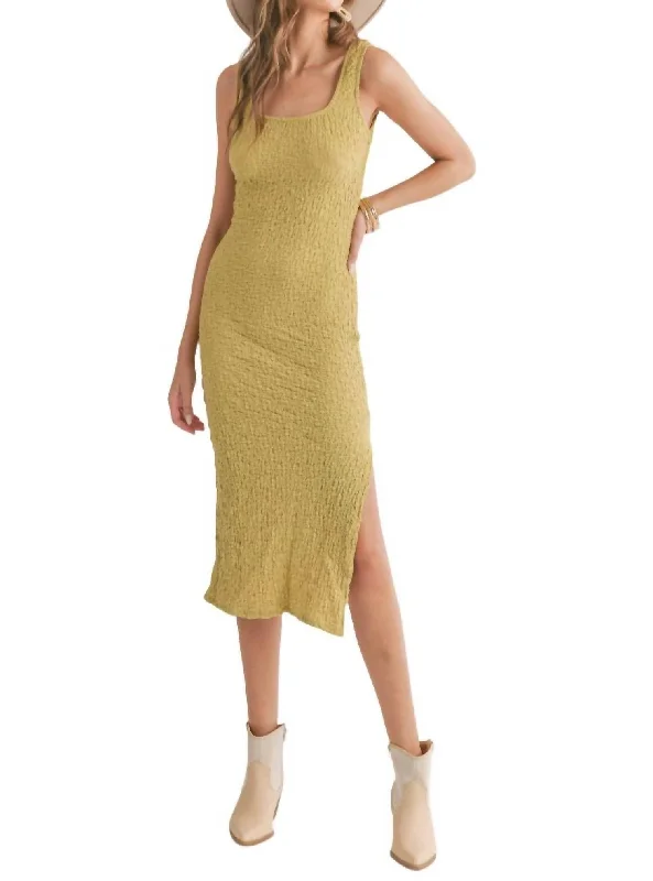 Transcend Midi Dress With Slit In Lime Green