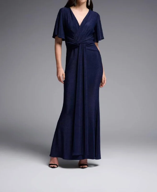 Solid Lurex Fit And Flare Maxi Dress In Navy