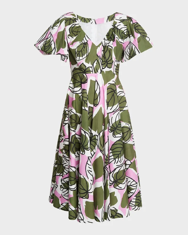 Leaf-Print Puff-Sleeve Fit-&-Flare Midi Dress