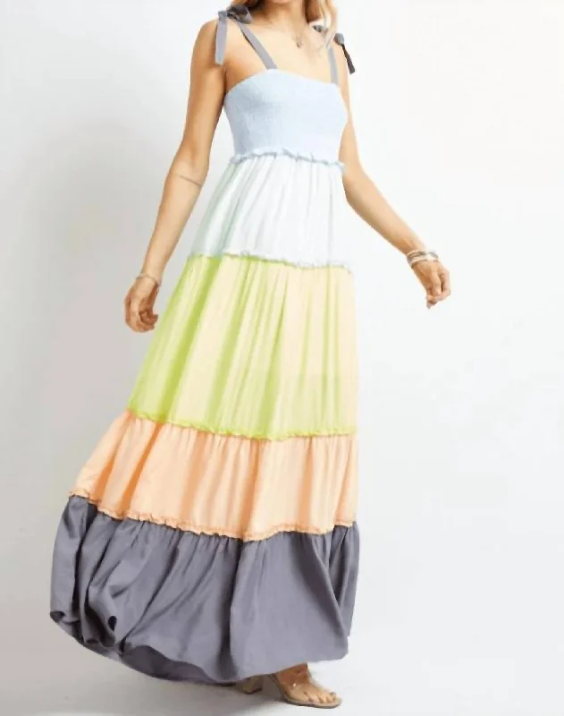 Color Block Sleeveless Smocked Tiered Maxi Dress in Multi