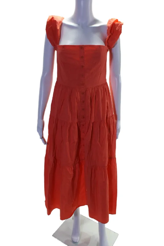 Staud Women's Square Neck Sleeveless Tiered Button Down Maxi Dress Orange