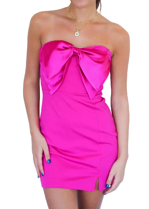 Strapless Bow Mini Dress In Hot Pink