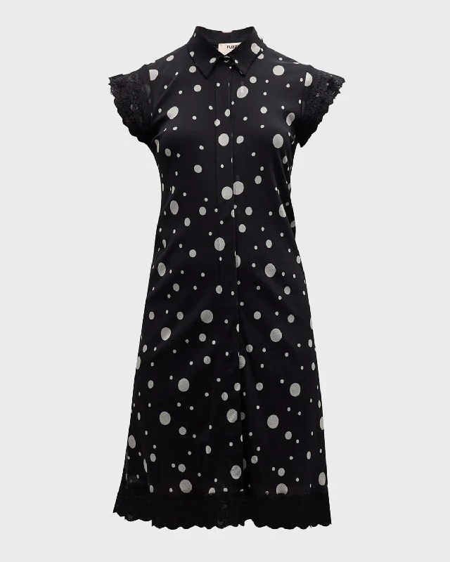 Polka-Dot Lace-Trim Tulle Midi Dress