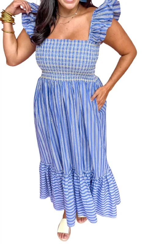 Millie Smocked Ruffle Maxi Dress In Blue Stripe