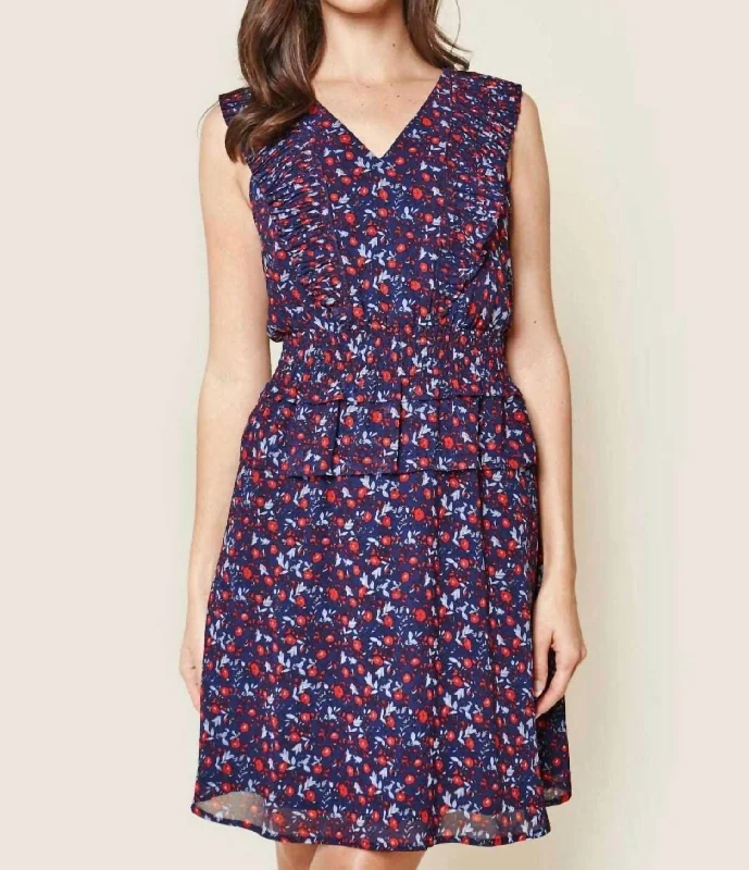 Floral Print Ruffled Mini Dress In Navy