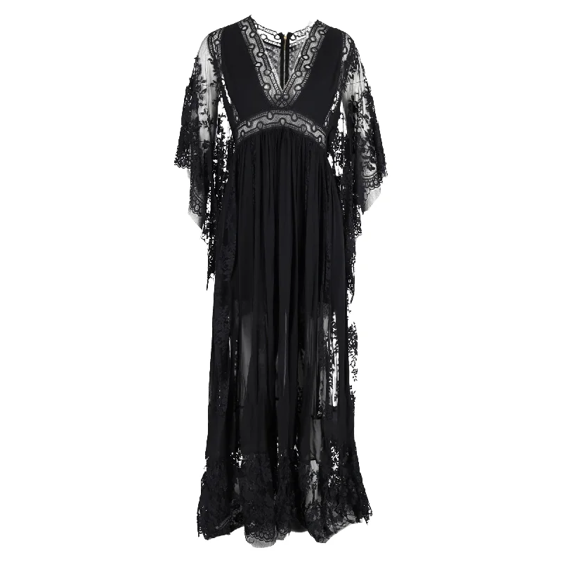 Elie Saab Lace Detail Maxi V-Neck Dress in Black Polyester