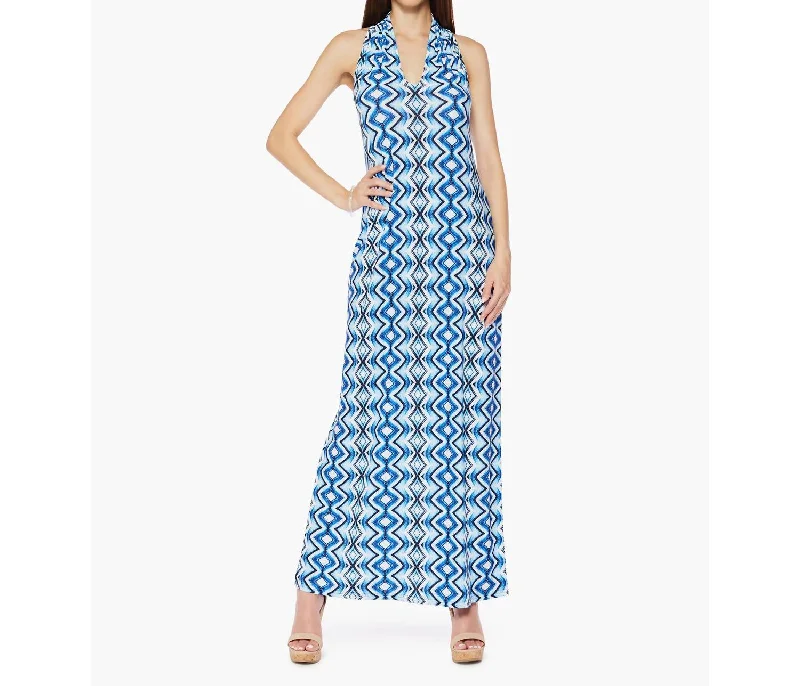 Maxi-Length V-Neck Microfiber Sleeveless Dress In Fortune (Bright Blue Vertical Diamond Pattern)