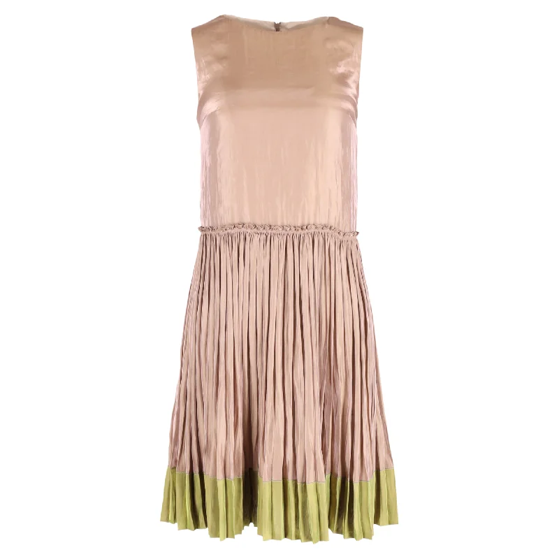 Red Valentino Crew Neck Pleated Midi Shift Dress in Rose Satin