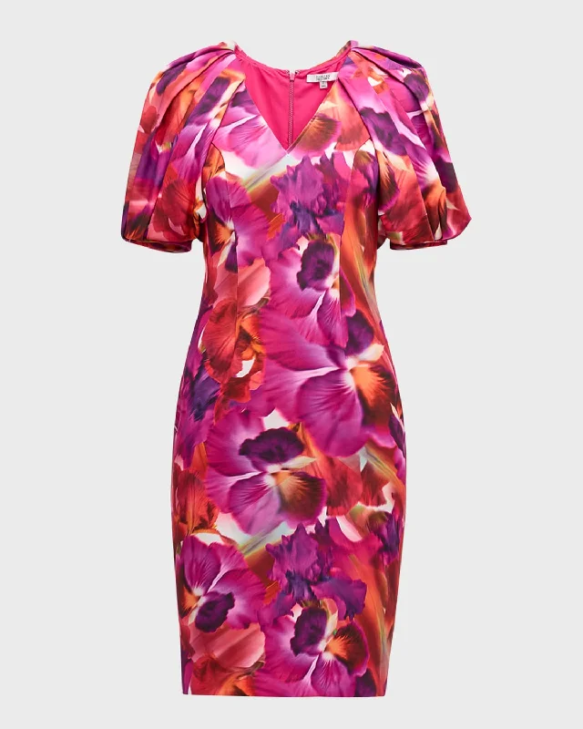 Floral-Print Blouson-Sleeve Bodycon Midi Dress