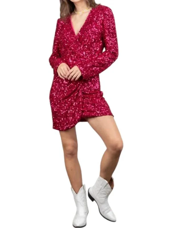 Sequin Glitter Mini Dress In Raspberry