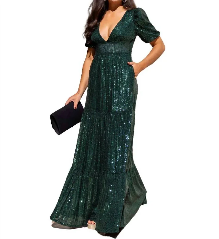 Ava Sequin Maxi Dress In Emerald