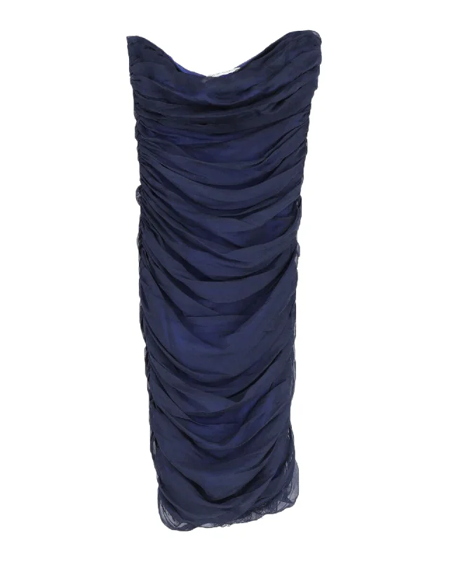 Diane Von Furstenberg Lelette Strapless Ruched Midi Dress in Navy Blue Silk