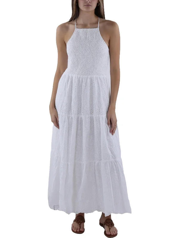 Womens Eyelet Smocked Maxi Dress