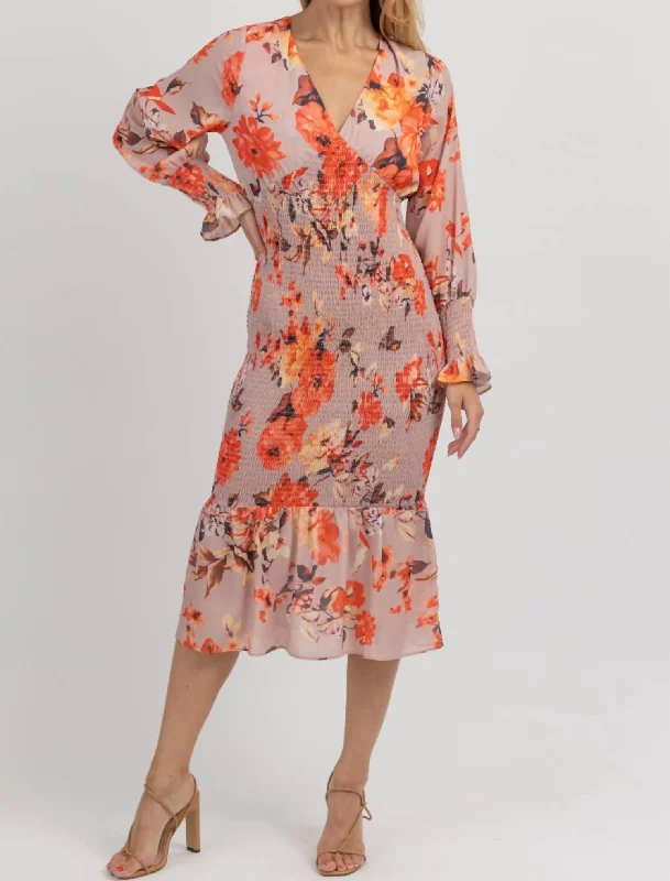 Floral Puff Smock Maxi Dress In Coral