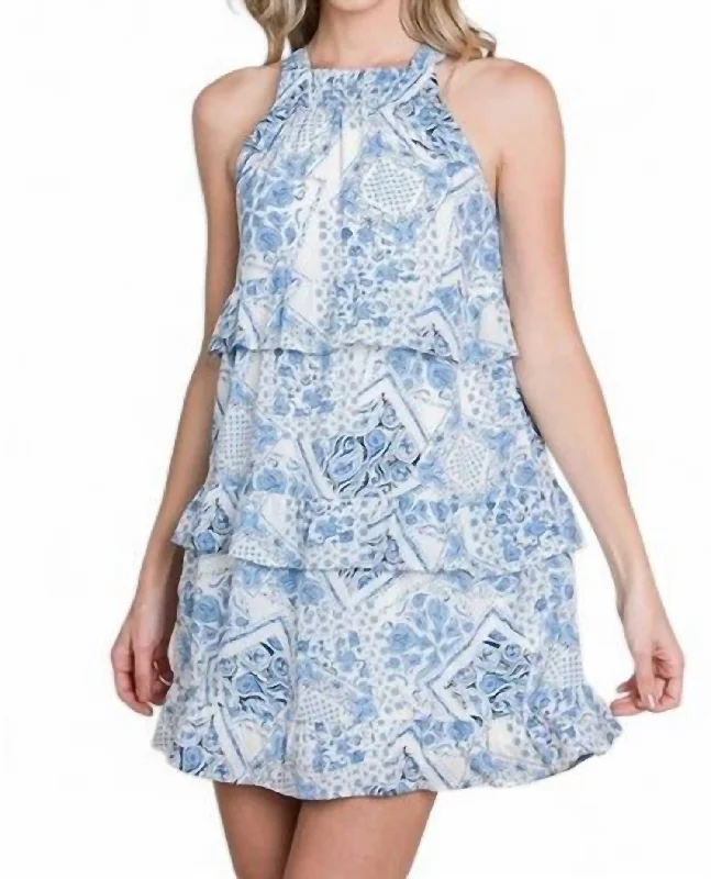 Paisley Print Sleeveless Mini Dress With Back Tie Detail In Blue