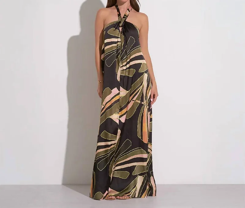 Halter Tie Back Maxi Dress In Auve Abstract Print