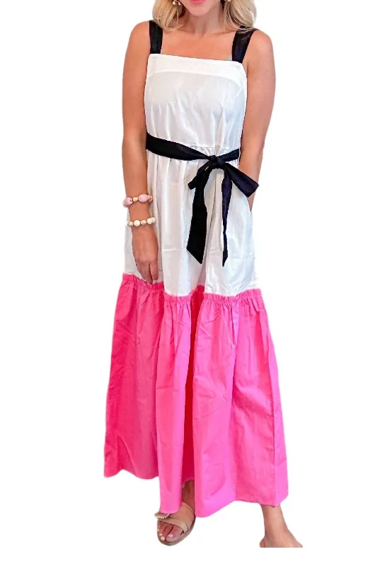 Color Block Maxi Dress In Pink/ White/black