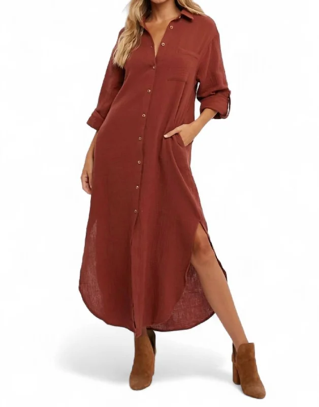 Sarah Button Up Maxi Shirt Dress With Pocket In Brick