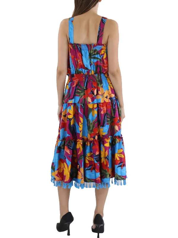 Petites Womens Printed Satin Midi Dress