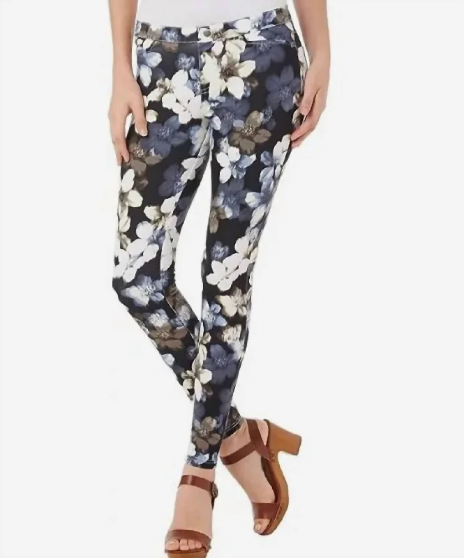 Floral Print Pull On Skinny Jeans In Multicolor