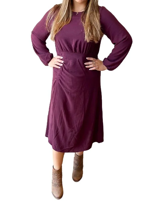 Shirred Midi Dress In Wine