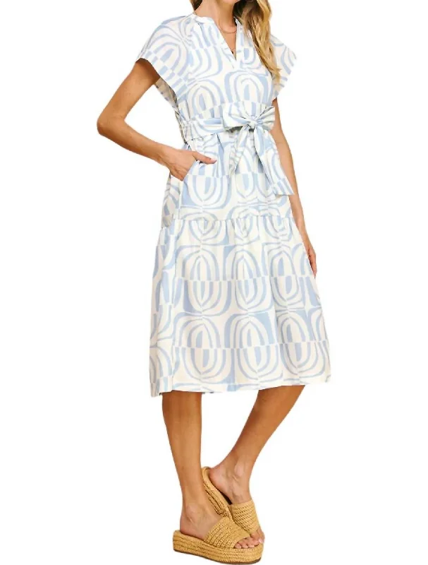 Print Tiered Midi Dress In Light Blue