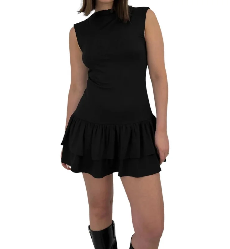 Drop Waist Ruffle Mini Dress In Black