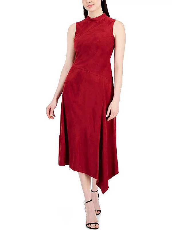 Womens Faux Suede Mock Neck Midi Dress