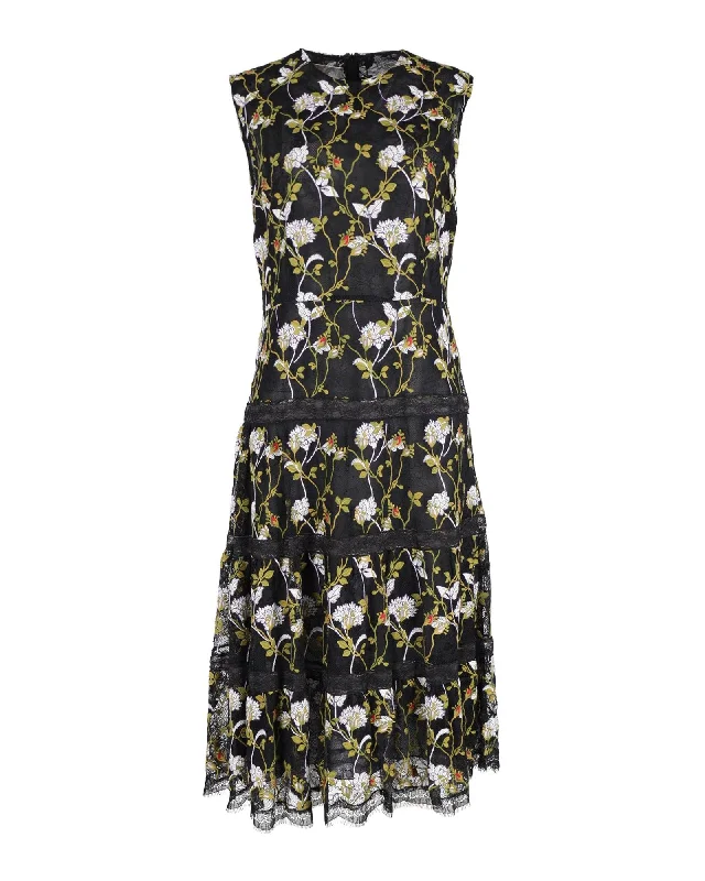 Giambattista Valli Floral-embroidered Lace Midi Dress in Black Polyester