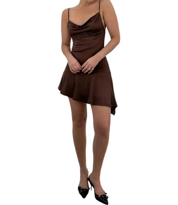 Asymmetrical Cowl Neck Mini Dress In Brown