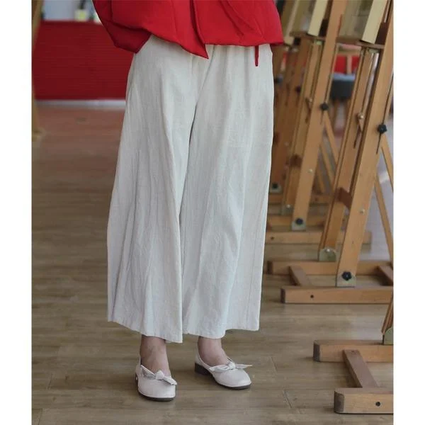 Elastic Waist Wide Leg Pants Ladies Vintage Cotton Linen Trousers