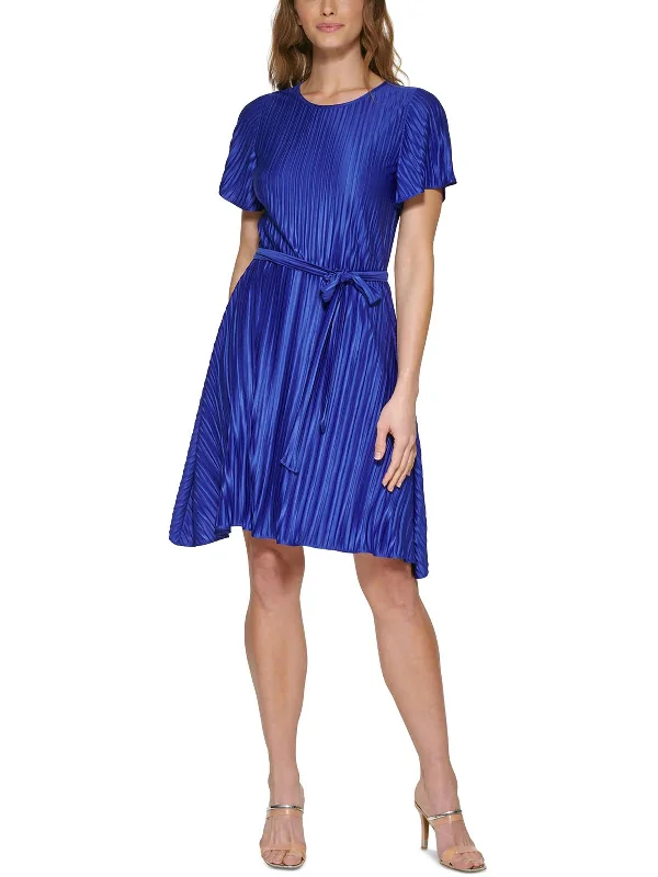 Womens Pleated Tie Waist Midi Dress