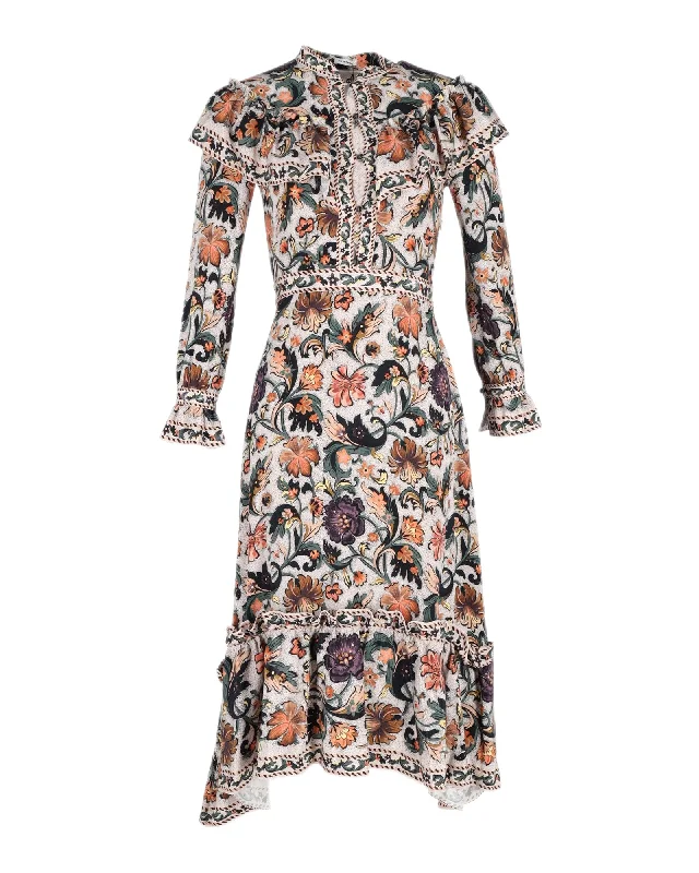 Vilshenko Floral Print Midi Dress in Multicolor Silk