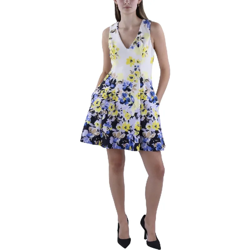 Petites Womens Floral V-Neck Mini Dress