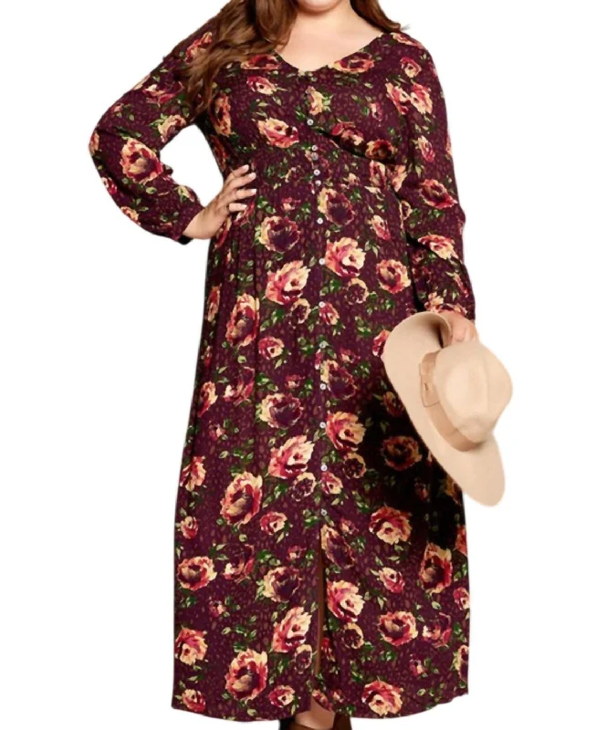 Floral Button Down Maxi Dress In Burgundy