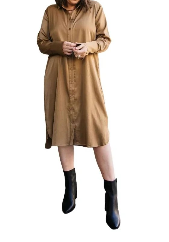 Satin Midi Shirt Dress In Toffee