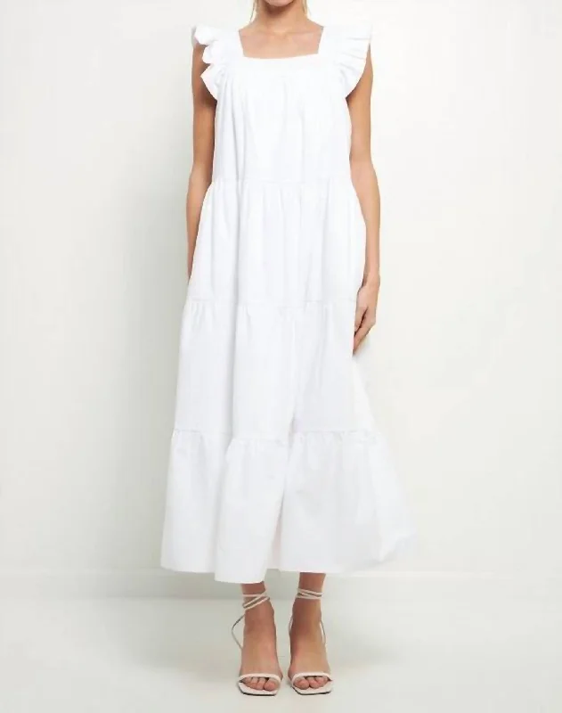 Ruffle Detail Poplin Midi Dress In White