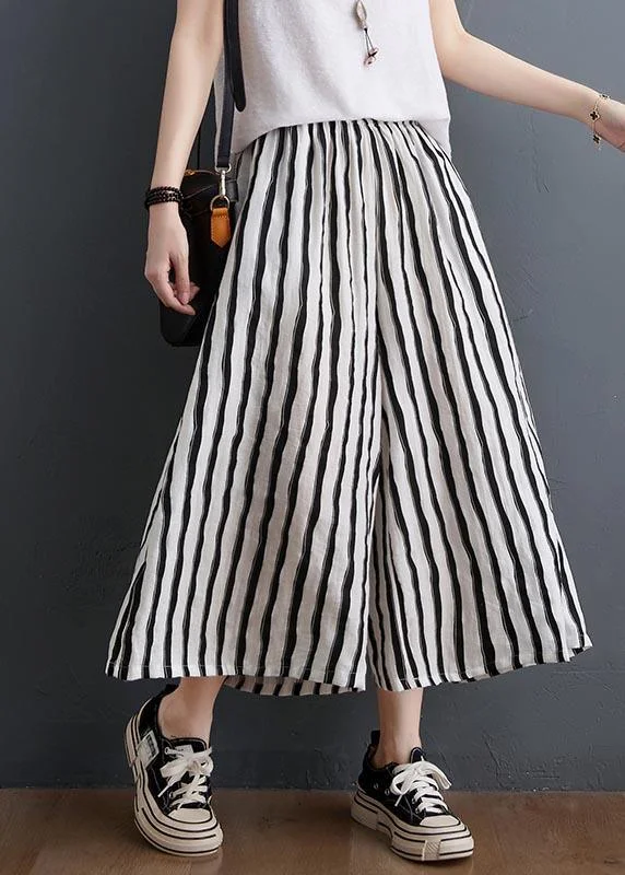 Plus Size Black White Striped Cotton Wide Leg Pants Summer