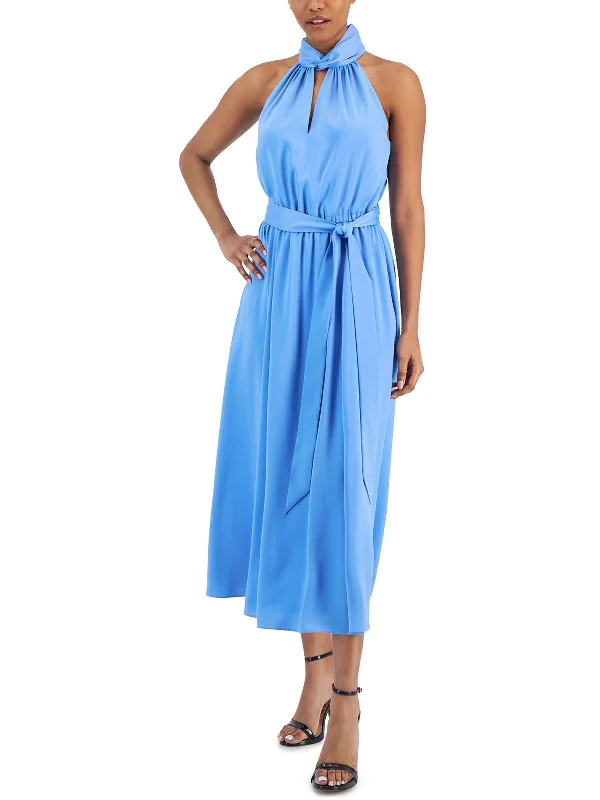 Womens Satin Halter Midi Dress