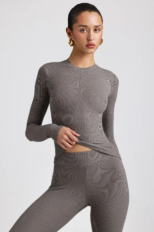 Ribbed Modal Crew Neck Top in Grey