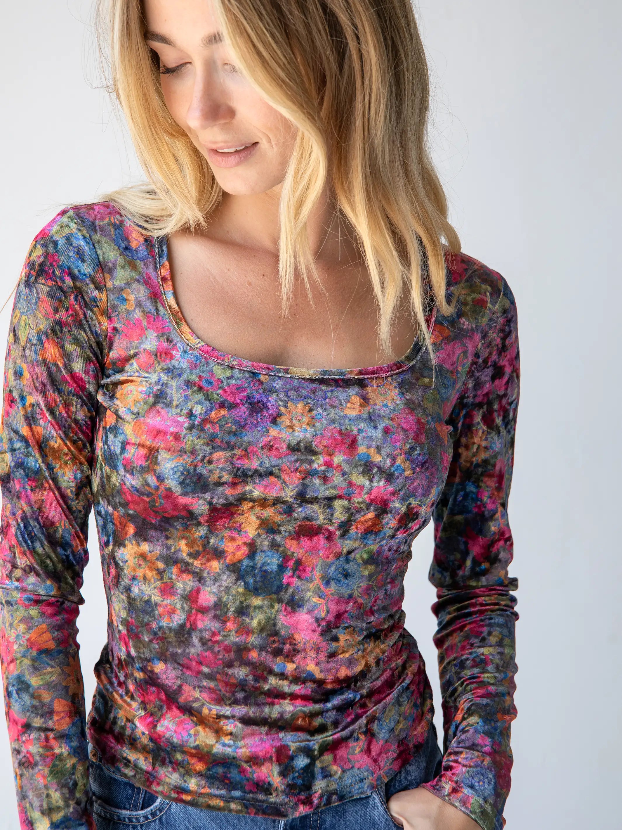 Danielle Square Neck Velvet Top - Dark Floral Garden