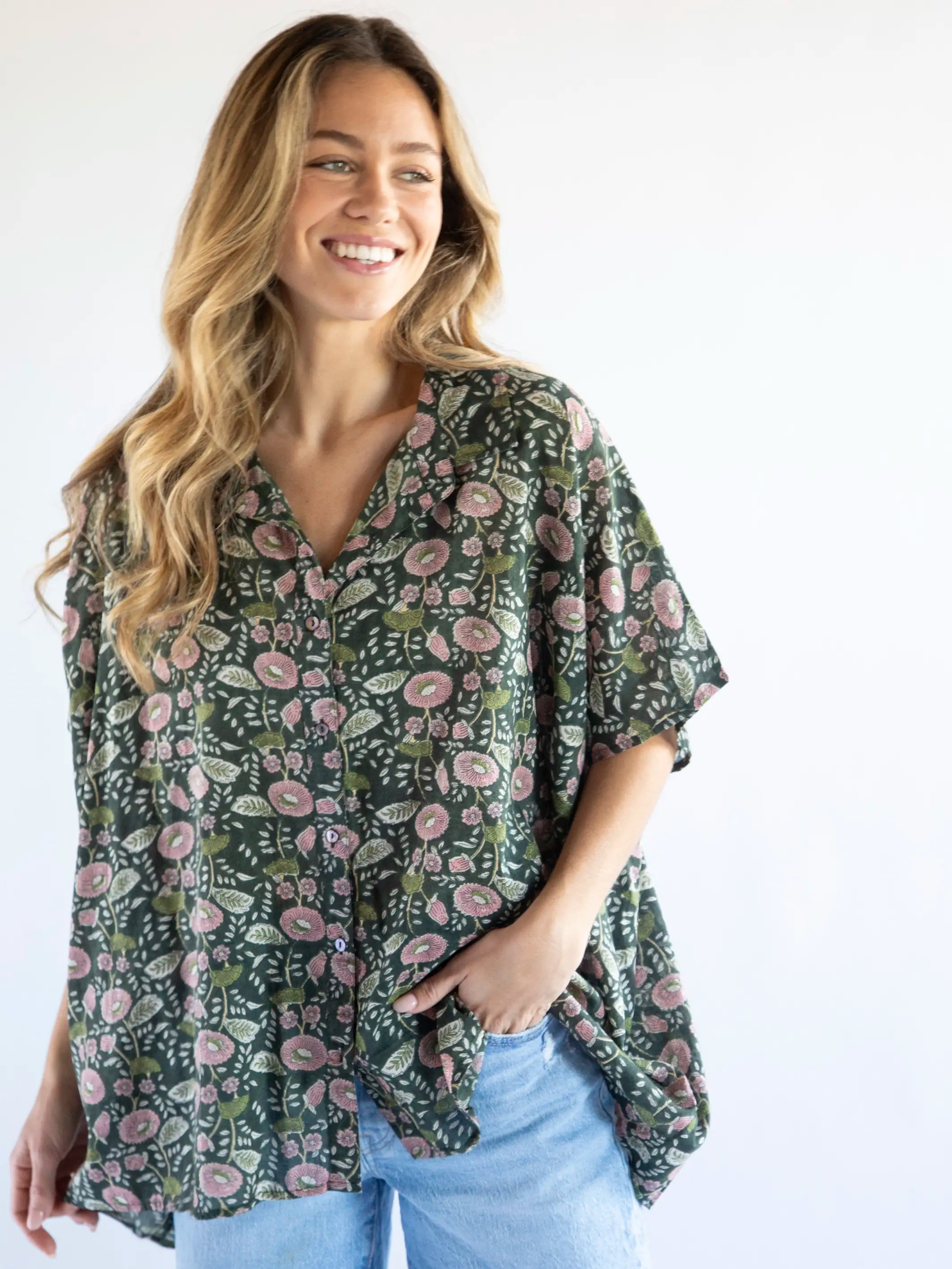 Kelly Oversized Cotton Button Down - Dark Green Pink Floral Vines